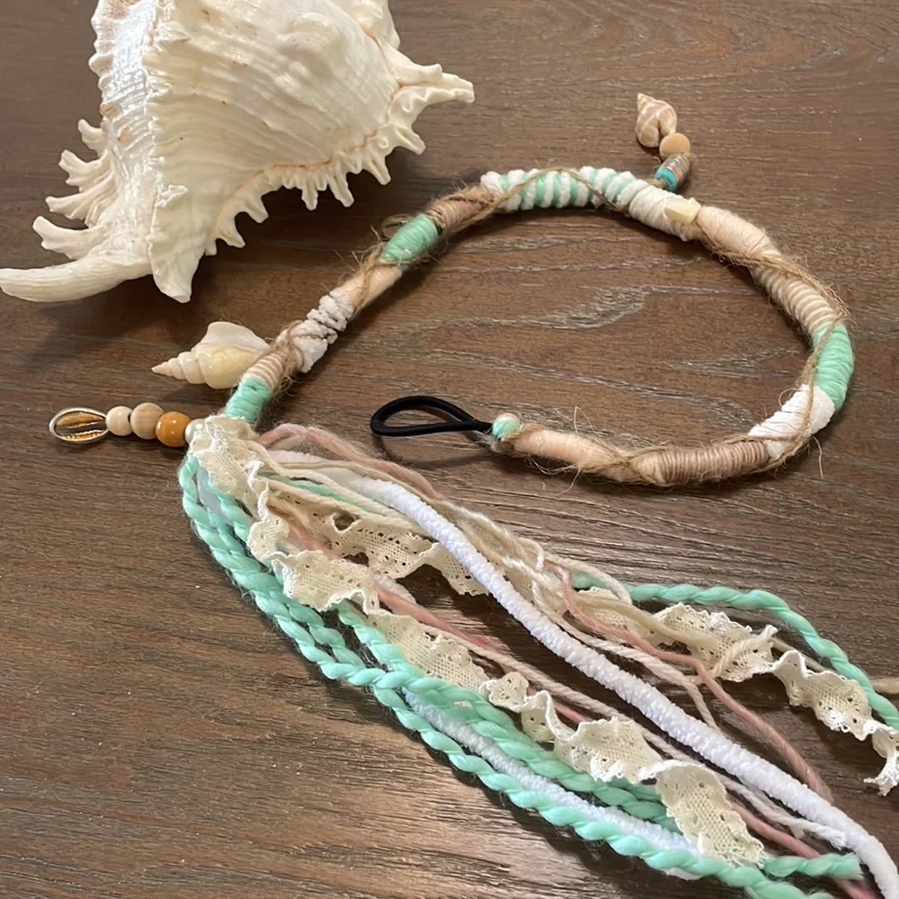 Gypsy Hair Dread Braid with Wooden Beads Charms Seashells Ribbon Hemp - Picture 2 of 2